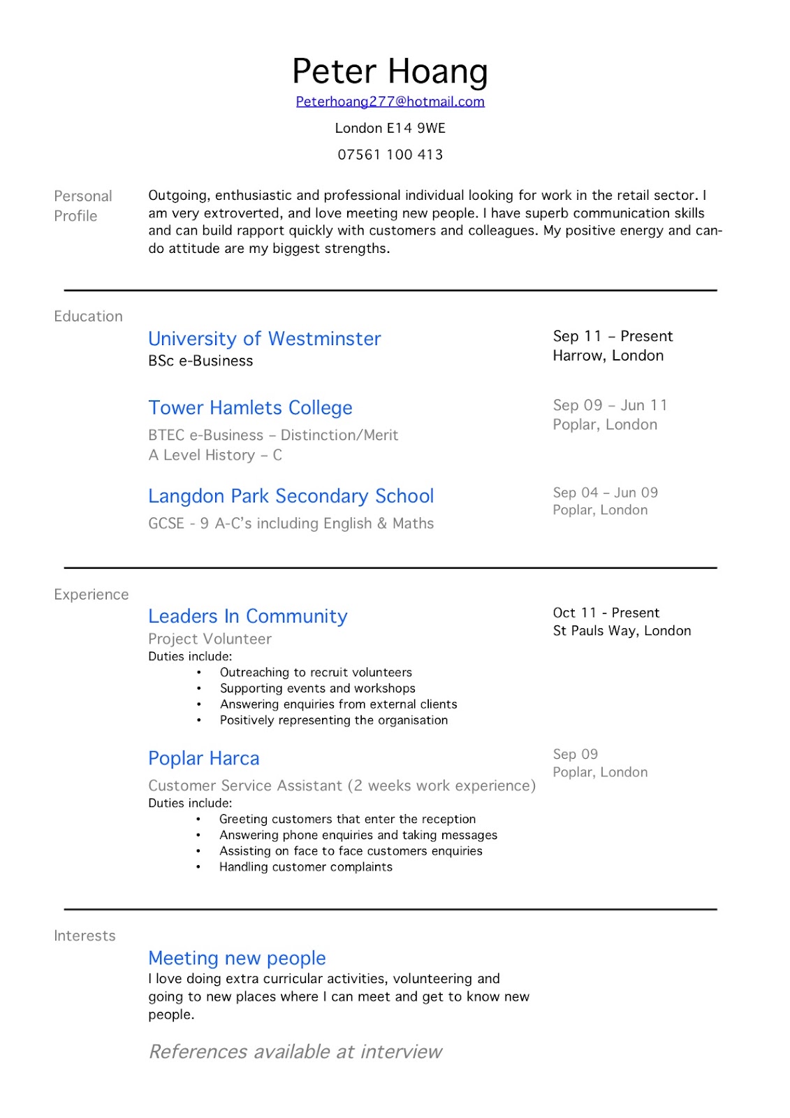 Sample of first resume with no experience